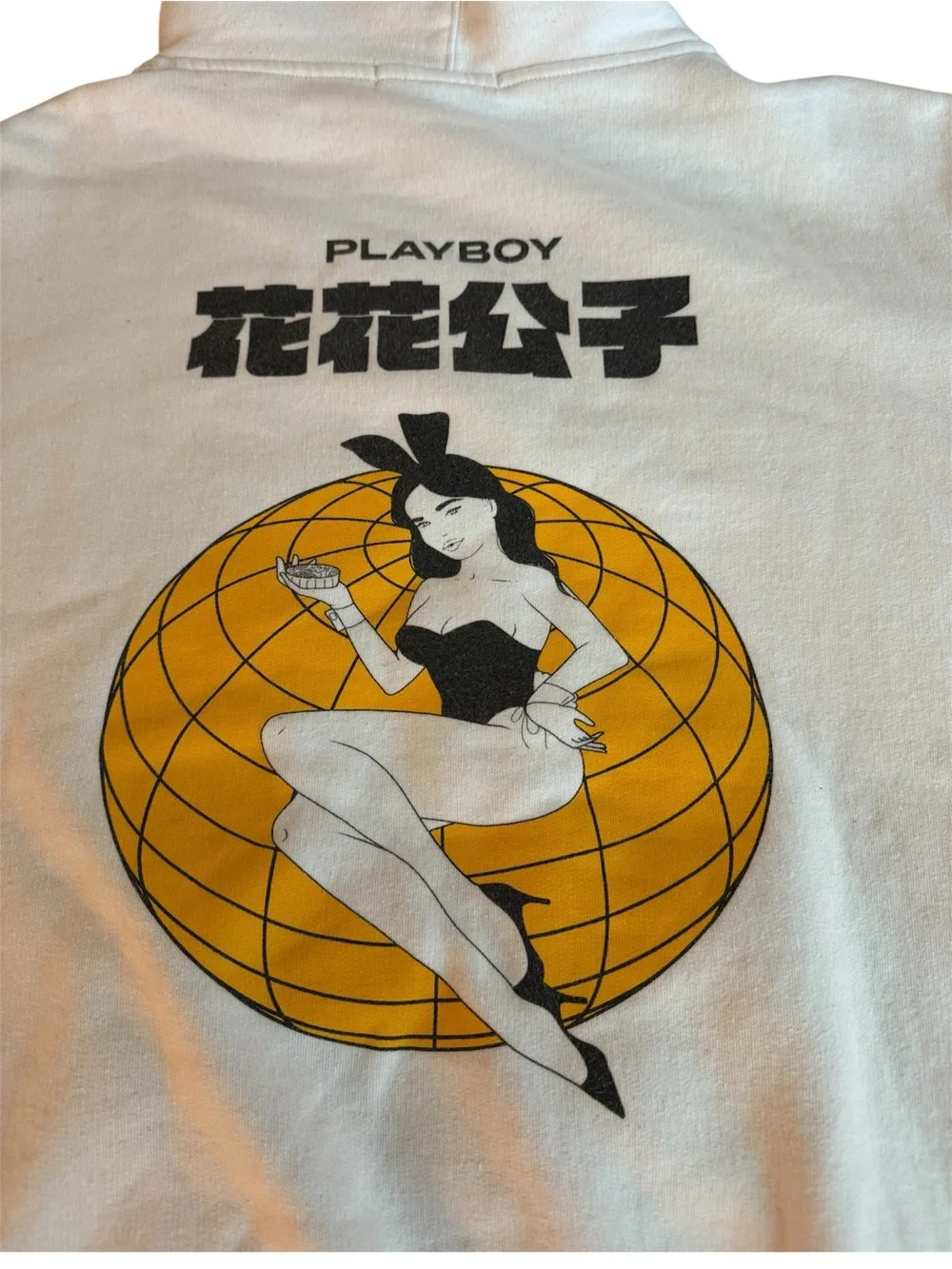 PLAYBOY Cream Hoodie with Black Graphic and Yellow Globe